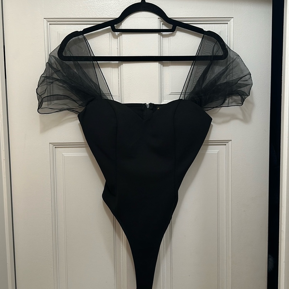 Black dressy bodysuit with sheer short puffy sleeves